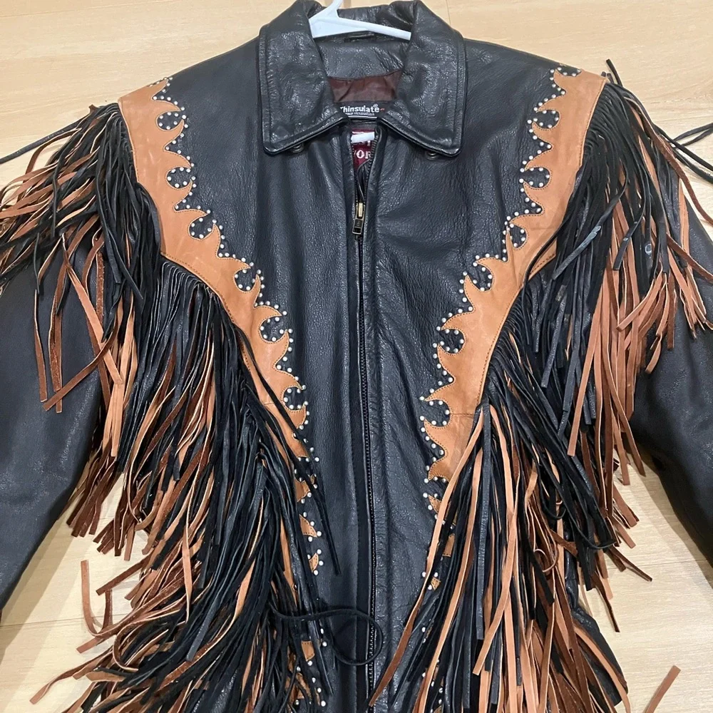 Black and Brown Fringe Leather Jacket - Picture 2 of 5